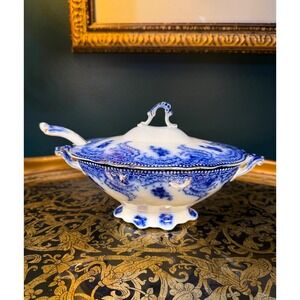 Rare Flow Blue‎ Tureen: Antique Staffordshire Ashburton Pattern with Ladle